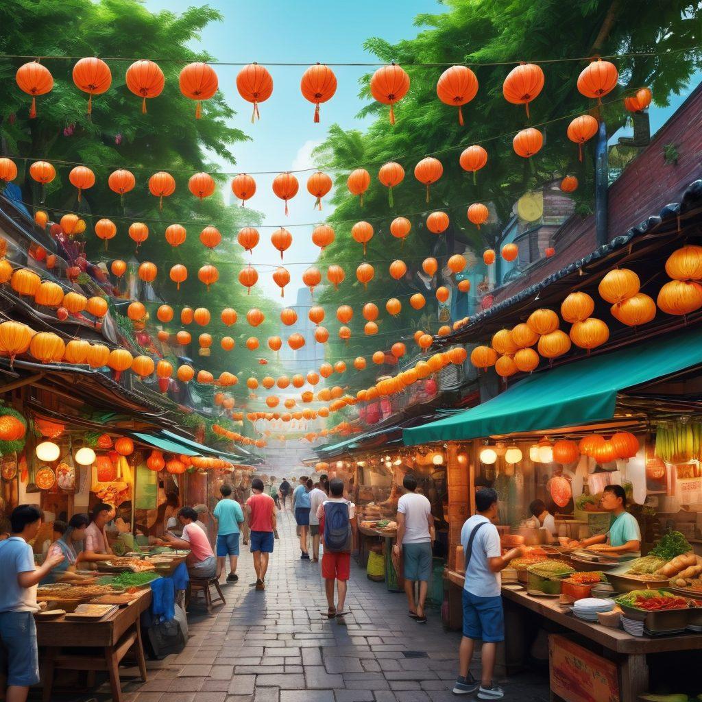 A bustling Asian street food market, filled with colorful stalls serving various cuisines, with cheerful people enjoying their meals. Vibrant banners and lanterns hang overhead, and a backdrop of lush greenery symbolizes travel and exploration. Showcase diverse culinary delights like noodles, dumplings, and exotic fruits, amidst dynamic interactions of locals and tourists. super-realistic. vibrant colors. 3D.