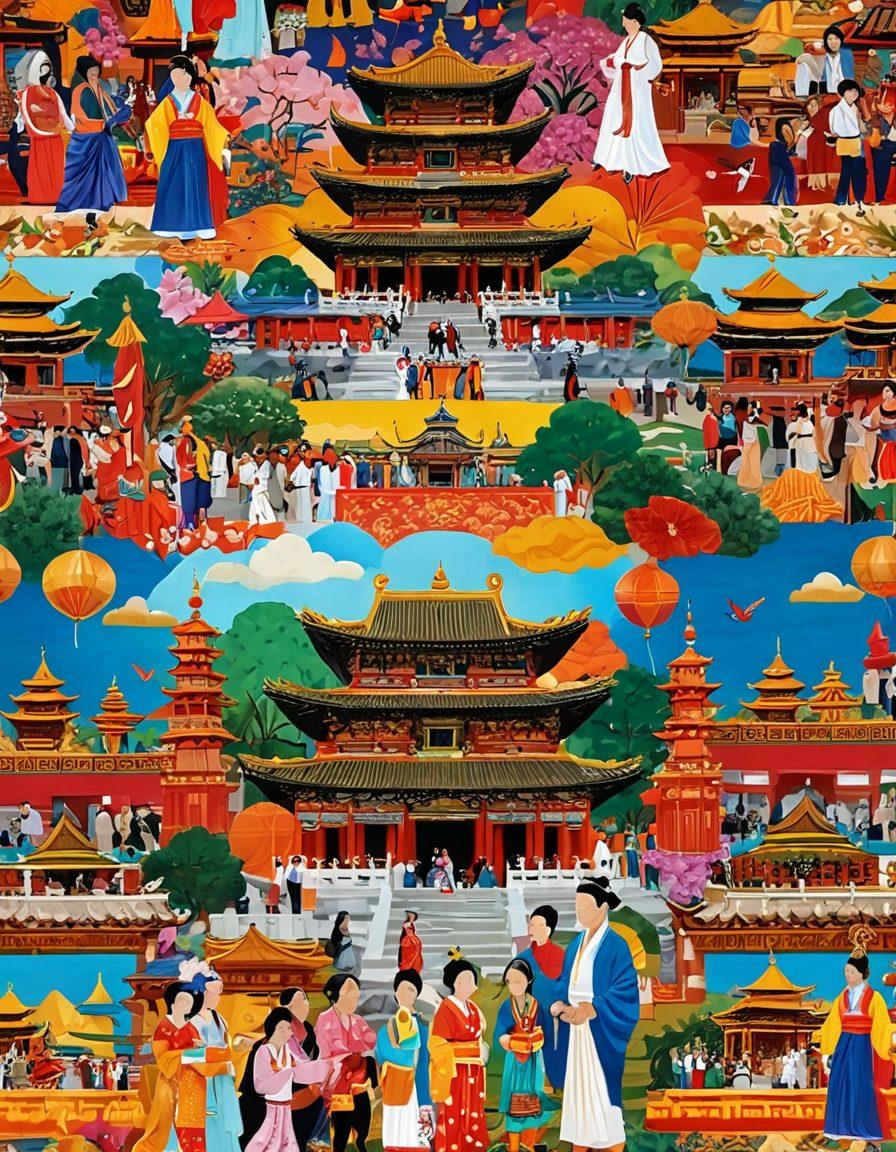A colorful collage featuring diverse Asian cultural elements such as traditional clothing, festival decorations, and iconic landmarks like pagodas and temples. Include a warm and inviting atmosphere with people from different Asian backgrounds engaging in cultural activities, such as cooking and dancing. The overall scene should evoke a sense of community and celebration. vibrant colors. super-realistic.