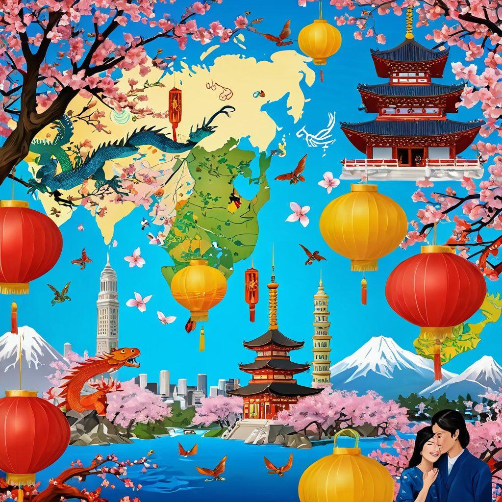 A vibrant digital collage showcasing diverse Asian cultural elements, featuring a warm online community scene with people from various backgrounds engaging in traditional practices, food, and art. Incorporate iconic landmarks and symbols like cherry blossoms, lanterns, and dragons, set against a backdrop of a digital world map, symbolizing global connections. Include bright colors and joyful expressions to emphasize community and connection. super-realistic. vibrant colors. dynamic composition.